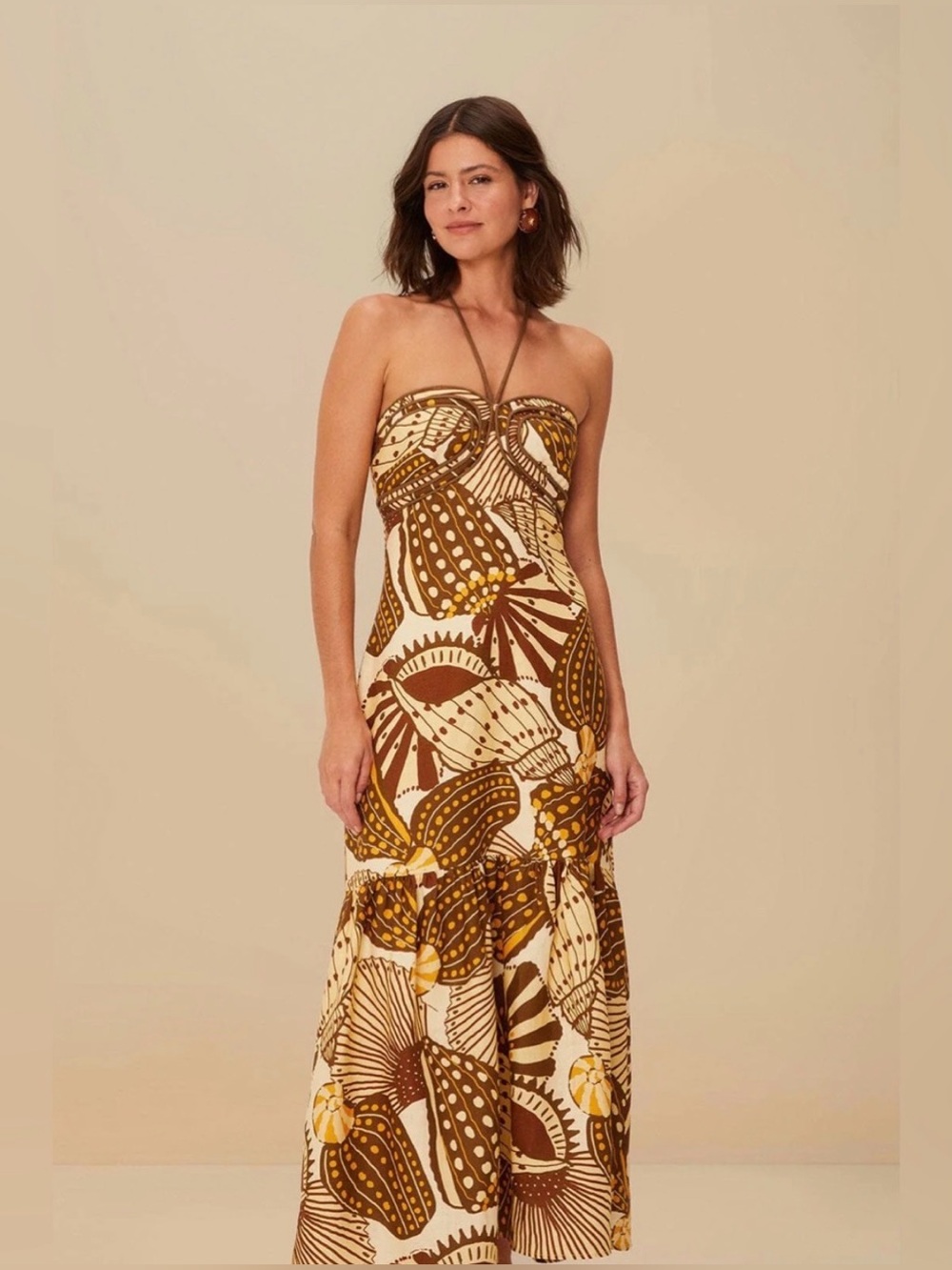 Farm Rio Sand Shell Mix Euroflax Linen Maxi Dress Yellow Brown Medium FLAWED